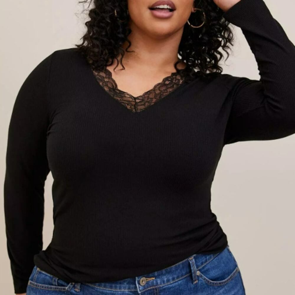 New Torrid Womens 2X Top Waffle Lace V Neck Long Sleeve Black Shirt